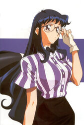  adjusting_eyewear black_hair black_skirt bow bowtie brown_eyes expressionless female fingerless_gloves glasses gloves kimura_takahiro long_hair official_art pencil_skirt photoshop_(medium) shirt short_sleeves skirt solo striped_clothes striped_shirt variable_geo vertical_stripes yanase_kaori 