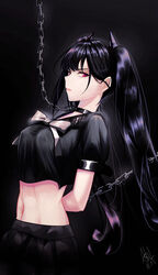  arms_behind_back asil black_background black_hair black_serafuku black_skirt bondage bound bound_arms bow breasts chains chinese_commentary collar collarbone commentary_request dated female girls&#039;_frontline half-closed_eyes headgear highres long_hair looking_at_viewer medium_breasts navel ouroboros_(girls&#039;_frontline) parted_lips red_eyes sangvis_ferri school_uniform serafuku sidelocks signature simple_background skirt solo tsurime twintails very_long_hair 