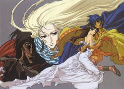  1990s_(style) 2boys 2girls armor bare_shoulders black_hair blonde_hair blue_eyes blue_hair boice brown_hair dress floating_hair greaves green_eyes grey_background heterochromia jewelry kaze_no_tairiku lakshi_(kaze_no_tairiku) long_hair looking_at_viewer multiple_boys multiple_girls necklace official_art retro_artstyle short_hair simple_background thighhighs third-party_source tieh yuuki_nobuteru 