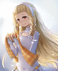  blonde_hair blue_background blunt_bangs braid commentary_request dress eyelashes female floating_hair gradient_background hair_ribbon hairband highres holding holding_clothes holding_scarf long_hair looking_down maquia_(sayoasa) okamin photoshop_(medium) plaid plaid_scarf ribbon ribbon_braid sayonara_no_asa_ni_yakusoku_no_hana_wo_kazarou scarf side_braid smile solo tearing_up tress_ribbon twin_braids unworn_scarf upper_body very_long_hair white_dress white_ribbon wind 