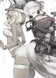  2girls ass-to-ass bad_id bad_twitter_id belt belt_bra blue_eyes blush breasts cape cleavage clover commentary_request dark-skinned_female dark_skin dress earrings elphelt_valentine flower four-leaf_clover gloves guilty_gear guilty_gear_xrd hairband hat highres jewelry large_breasts long_hair looking_at_viewer medium_breasts multiple_girls navel orange_eyes ramlethal_valentine short_hair short_shorts shorts siblings sisters smile spikes spoilers tefec thigh_strap underboob veil white_hair 