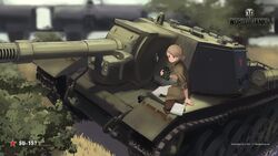  binoculars blonde_hair female highres military military_vehicle motor_vehicle shibafu_(glock23) solo su-152 tank tied_hair wargaming_japan white_legwear world_of_tanks 