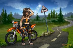  anthro armor biped breasts clothed clothing dirt_bike ear_piercing etsu_cuprumfox female headgear helmet hyena looking_at_viewer mammal motorcycle outside piercing solo spotted_hyena standing vehicle 