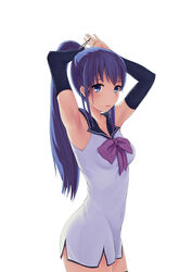  armpits arms_up blue_eyes blue_hair bow bowtie collarbone commentary cowboy_shot detached_sleeves dress female from_side gokukoku_no_brynhildr highres kuroha_neko long_hair looking_at_viewer parted_lips purple_bow short_dress shouye_ying simple_background sleeveless sleeveless_dress solo standing tying_hair very_long_hair white_background white_dress 