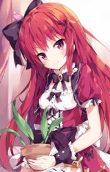  apron black_bow black_bowtie black_ribbon blush bow bowtie breasts brooch cattleya_(flower_knight_girl) closed_mouth commentary_request dress female flower_knight_girl frills hair_ornament hair_ribbon head_tilt highres holding jewelry long_hair looking_at_viewer plant potted_plant purple_eyes red_dress red_hair ribbon short_sleeves sidelocks small_breasts smile solo unacchi_(nyusankin) upper_body very_long_hair waist_bow wrist_cuffs x_hair_ornament 