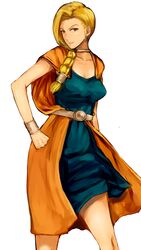  belt bianca_(dq5) blonde_hair bracer braid breasts cape cleavage closed_mouth collarbone commentary_request dragon_quest dragon_quest_v dress female green_dress hand_on_own_hip long_hair looking_at_viewer ogros orange_cape simple_background solo standing white_background 