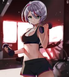  bad_id bad_pixiv_id black_shorts blurry breasts cleavage collarbone cowboy_shot crop_top depth_of_field door dumbbell eyebrows eyelashes female gambe green_eyes grey_hair gym hair_between_eyes holding indoors large_breasts light_particles midriff multicolored_hair navel pretty_series pripara purple_hair shade shikyoin_hibiki short_hair shorts sleeveless solo stomach strap_gap streaked_hair sweat tank_top two-tone_hair 