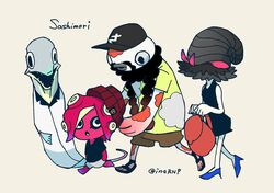  3boys backpack bag baseball_cap beanie beard beige_background colored_skin commentary_request eel facial_hair female group_name hat highres inahara karla_(splatoon) multiple_boys octoling octoling_player_character paul_(splatoon) red_skin ryuu-chang sandals sawaberu_taichi simple_background splatoon_(series) splatoon_2 twitter_username walking 