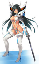  armor black_hair blue_eyes boots breasts cleavage cleavage_cutout clothing_cutout commentary_request covered_nipples female hevn high_heels highres junketsu katana kill_la_kill kiryuuin_satsuki large_breasts long_hair photoshop_(medium) spikes suspenders sword thigh_boots thighhighs weapon 