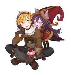  1boy belt blonde_hair blue_eyes blush boots commentary cup dress ezreal female gloves gwayo hat league_of_legends long_hair long_sleeves lulu_(league_of_legends) open_mouth pants purple_hair red_dress short_hair simple_background smile white_background yellow_eyes yordle 