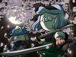  2girls blue_dress chamupei cherry_blossoms commentary_request dress dual_wielding full_moon glasses green_dress grey_hair hair_ribbon hand_fan hat holding katana konpaku_youmu moon multiple_girls one_eye_closed peanuts_(comic) photoshop_(medium) pink_hair ribbon saigyouji_yuyuko sword touhou tree triangular_headpiece veil weapon 