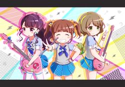  3girls ^_^ blue_bow blue_bowtie blue_shirt blue_skirt blush bow bowtie brown_hair closed_eyes closed_mouth collarbone collared_shirt commentary_request cowboy_shot drumsticks electric_guitar facing_viewer goth_risuto green_eyes grin guitar hairband hairbow hand_on_own_hip hand_up heart heart_guitar holding holding_instrument instrument kujou_ume letterboxed lightning_bolt_symbol long_hair looking_at_viewer looking_to_the_side mouth_hold multiple_girls orange_bow outstretched_arm pleated_skirt plectrum plectrum_in_mouth polka_dot polka_dot_bow ponytail puffy_short_sleeves puffy_sleeves purple_eyes purple_hair saeki_hina school_uniform shirt short_hair short_sleeves skirt smile sweater_vest thighhighs tokyo_7th_sisters twintails v v-shaped_eyebrows vest wanibuchi_emoko white_bow white_thighhighs white_vest yellow_bow yellow_hairband 