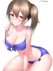  artist_name bad_id bad_twitter_id bare_arms between_legs bikini blue_bikini blush boruhis breasts brown_eyes brown_hair cleavage closed_mouth collarbone eyebrows female front-tie_top hair_between_eyes hand_between_legs highres kaga_(kancolle) kantai_collection large_breasts long_hair looking_at_viewer motion_lines side-tie_bikini_bottom side_ponytail simple_background solo stomach sweat swimsuit white_background 