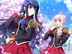  2girls alice_weinberg bertille_althusser blonde_hair blue_eyes braid cherry_blossoms drill_hair game_cg headband komori_kei long_hair multiple_girls petals pleated_skirt purple_eyes purple_hair school_uniform skirt sky twin_drills walkure_romanze walkure_romanze_more_&amp;_more 