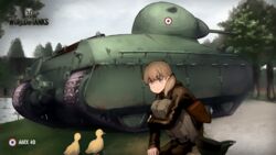  amx-40 bird blonde_hair blue_eyes closed_mouth duck female highres military military_vehicle motor_vehicle shibafu_(glock23) sitting smile solo squatting tank tied_hair wargaming_japan world_of_tanks 