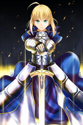  ahoge armor armored_dress artoria_pendragon_(fate) blonde_hair commentary_request dress excalibur_(fate/stay_night) fate/stay_night fate_(series) female gauntlets glowing glowing_sword glowing_weapon green_eyes hands_on_hilt highres kurorettsu planted planted_sword saber_(fate) solo sword weapon 