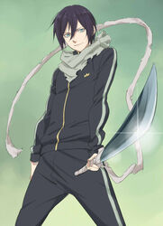  1boy blue_eyes commentary_request katana male_focus noragami rinda scarf simple_background smile solo sword track_suit weapon yato_(noragami) 