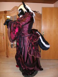  absurd_res alternative_fashion anthro atanlonthedeer aurasoul_(artist) boots bustle clothing costume dress flower footwear fursuit goth hi_res mammal mephitid plant rose_(flower) skunk tarwenlhoriel twillight_(twillightskunk) victorian 