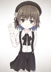  bad_id bad_pixiv_id beret black_hat black_ribbon black_skirt blush brown_eyes brown_hair closed_mouth collared_shirt commentary crescent female flower gradient_background grey_background hair_between_eyes hair_flower hair_ornament hair_ribbon hair_rings hand_up hat hatoba_tsugu highres long_sleeves mole mole_under_eye pantyhose pleated_skirt ribbon rose shirt skirt smile solo suspender_skirt suspenders sutei_(xfzdarkt) tsugu_(vtuber) virtual_youtuber white_background white_flower white_pantyhose white_rose white_shirt 