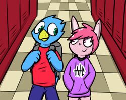  2018 5:4 anthro avian backpack bird clothed clothing digital_media_(artwork) duo feathers fully_clothed hair happy inside klace_(pokefound) lagomorph leporid loss male mammal meme pokefound rabbit simple_background smile sonny_boop young young_anthro 