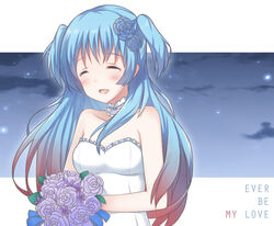  blue_eyes blue_hair bride chtholly_nota_seniorious commentary dress female flower long_hair multicolored_hair purple_flower purple_rose red_hair rose shuumatsu_nani_shitemasu_ka? solo tsukimiya_yuuko very_long_hair wedding_dress 