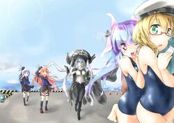  5girls abyssal_ship bodysuit cape commentary_request dress i-19_(kancolle) i-8_(kancolle) kantai_collection multiple_girls one-piece_swimsuit rinrin_(927413) sailor_dress school_swimsuit swimsuit thumbs_up uzuki_(kancolle) wo-class_aircraft_carrier yayoi_(kancolle) 