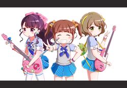  3girls ^_^ blue_bow blue_bowtie blue_shirt blue_skirt blush bow bowtie brown_hair closed_eyes closed_mouth collarbone collared_shirt commentary_request cowboy_shot drumsticks electric_guitar facing_viewer goth_risuto green_eyes grin guitar hairband hairbow hand_on_own_hip hand_up heart heart_guitar holding holding_instrument instrument kujou_ume letterboxed long_hair looking_at_viewer looking_to_the_side mouth_hold multiple_girls orange_bow outstretched_arm pleated_skirt plectrum plectrum_in_mouth polka_dot polka_dot_bow ponytail puffy_short_sleeves puffy_sleeves purple_eyes purple_hair saeki_hina school_uniform shirt short_hair short_sleeves simple_background skirt smile sweater_vest thighhighs tokyo_7th_sisters twintails v v-shaped_eyebrows vest wanibuchi_emoko white_background white_bow white_thighhighs white_vest yellow_bow yellow_hairband 