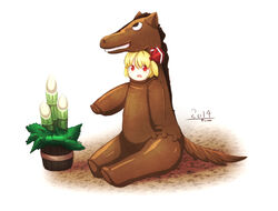  2014 :d animal_costume bamboo blonde_hair bow commentary_request female furim hair_ribbon hairbow happy horse_costume looking_at_viewer open_mouth red_bow red_eyes ribbon rumia short_hair sitting smile touhou vase 