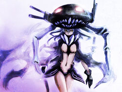  a-er_(akkij0358) abyssal_ship black_gloves bodysuit cannon cape collar commentary covered_navel cowboy_shot female gloves grey_hair headgear kantai_collection looking_at_viewer monster navel photoshop_(medium) skin_tight solo staff standing teeth tentacle turret wo-class_aircraft_carrier 