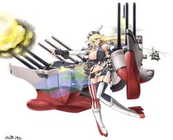  aircraft asymmetrical_legwear bad_id bad_twitter_id blonde_hair blue_eyes breasts cannon commentary_request elbow_gloves female fingerless_gloves firing front-tie_top garter_straps gloves helicopter highres iowa_(kancolle) kantai_collection large_breasts long_hair machinery miniskirt mismatched_legwear muzzle_flash rigging saizu_nitou_gunsou signature simple_background skirt solo star-shaped_pupils star_(symbol) striped_clothes striped_thighhighs symbol-shaped_pupils thighhighs uh-60_blackhawk vertical-striped_clothes vertical-striped_thighhighs white_background 