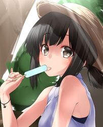  alternate_costume anchor bad_id bad_twitter_id bare_shoulders black_eyes black_hair blush casual female food fubuki_(kancolle) hat ice_cream kantai_collection looking_to_the_side low_ponytail midoriiro_no_shinzou ponytail popsicle short_ponytail sleeveless solo tongue tongue_out upper_body 