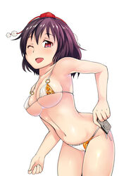  ;d bad_anatomy bad_id bad_pixiv_id bare_shoulders bikini black_hair breasts cameltoe camera collarbone commentary_request covered_nipples female hat highres hubrael leaf_print looking_at_viewer medium_breasts mini_hat navel o-ring o-ring_bikini one_eye_closed open_mouth photoshop_(medium) red_eyes red_hat shameimaru_aya short_hair side-tie_bikini_bottom simple_background smile solo standing swimsuit tokin_hat touhou white_background white_bikini 