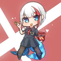  admiral_graf_spee_(azur_lane) admiral_graf_spee_(girl&#039;s_sunday)_(azur_lane) aiguillette artist_name azur_lane bag_of_chips black_dress black_pantyhose blue_eyes bugles_(food) bugles_on_fingers chibi commentary_request dress female fins fish_tail food_in_mouth food_on_hand full_body grey_hair multicolored_hair necktie official_alternate_costume pantyhose red_background red_hair seele0907 short_hair solo standing streaked_hair tail two-tone_background white_background 