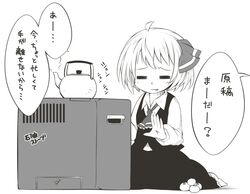  =_= ascot blouse commentary_request female food fruit greyscale hair_ribbon heater jagabutter kerosene_heater mandarin_orange monochrome open_mouth orange_(fruit) ribbon rumia shirt short_hair sitting steam stove teapot touhou translated vest warming 