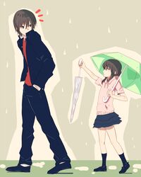  1boy brown_hair character_request commentary_request copyright_request female gakuran giving hands_in_pockets holding holding_umbrella hood hoodie looking_back ogros outstretched_arm rain school_uniform short_hair simple_background skirt umbrella walking 