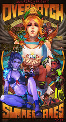  6+girls abs absurdres alternate_wing_color alternate_wings ancient_greek_clothes artist_name ass bike_shorts bikini black_wings blonde_hair breasts champion_zarya character_name chest_harness chiton closed_eyes colored_skin commentary copyright_name cote_d&#039;azur_widowmaker dark-skinned_female dark_skin dress earrings english_commentary english_text feathered_wings front-tie_bikini_top front-tie_top full_body greco-roman_clothes gun harness highres hoop_earrings jewelry laurel_crown lips lipstick long_hair looking_at_viewer loot_box makeup medium_breasts mercy_(overwatch) monori_rogue movie_poster multiple_girls navel official_alternate_costume overwatch overwatch_1 parted_lips pharah_(overwatch) photoshop_(medium) purple_hair purple_skin sitting soccer_uniform sombra_(overwatch) sportswear sprinter_tracer submachine_gun sunglasses swimsuit tattoo tracer_(overwatch) tulum_sombra union_jack unworn_eyewear upper_body weapon white_dress widowmaker_(overwatch) winged_victory_mercy wings yellow_eyes zarya_(overwatch) 