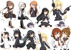  &gt;_&lt; 6+girls :3 =_= ahoge akatsuki_(kancolle) anchor_symbol animal_ears animal_hood apron arm_up arms_up bag bare_shoulders bauxite bike_shorts black_hair black_serafuku blonde_hair blush boots brown_eyes brown_hair bullet cat_hood chibi closed_eyes commentary_request cowering crescent crescent_hair_ornament crescent_pin dog_ears dog_tail drum_(container) dual_wielding eyebrows feline folded_ponytail fumizuki_(kancolle) glasses hachimaki hair_ornament hairclip hand_in_pocket hand_on_own_hip hands_on_own_hips hat hatsushimo_(kancolle) head_scarf headband highres holding hood ikazuchi_(kancolle) inazuma_(kancolle) jacket kantai_collection kemonomimi_mode kikuzuki_(kancolle) loafers long_hair long_sleeves low_ponytail low_twintails machinery mikazuki_(kancolle) mochizuki_(kancolle) multiple_girls navel neckerchief one_eye_closed panties_under_bike_shorts pantyhose ponytail red-framed_eyewear red_eyes satsuki_(kancolle) school_uniform serafuku shoes shoulder_bag sleeping sleeves_pushed_up smile steel tail trembling twintails white_cat yamato_tachibana yellow_eyes 