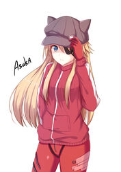  blonde_hair blue_eyes character_name commentary_request evangelion:_3.0_you_can_(not)_redo eyepatch female hand_in_pocket hand_on_headwear hat hat_with_ears highres itachi_kanade jacket long_hair looking_at_viewer neon_genesis_evangelion plugsuit rebuild_of_evangelion simple_background solo souryuu_asuka_langley track_jacket very_long_hair white_background 