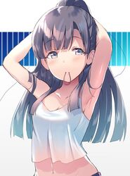  adjusting_hair armpits arms_up bad_id bad_twitter_id black_hair blunt_bangs blush breasts brown_eyes camisole closed_mouth crop_top female hair_tie hair_tie_in_mouth idolmaster idolmaster_cinderella_girls kobayakawa_sae long_hair looking_away looking_to_the_side medium_breasts midriff mouth_hold navel ponytail shirt simple_background solo tank_top tying_hair ultone_(neisiss) white_camisole white_shirt 