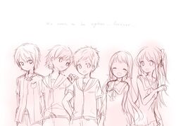  2girls 3boys commentary_request dress english_text hiradaira_chisaki isaki_kaname kihara_tsumugu long_hair mihama_junior_high_school_uniform miyama_rikka monochrome mukaido_manaka multiple_boys multiple_girls nagi_no_asukara nami_junior_high_school_uniform sailor_collar sailor_dress sakishima_hikari school_uniform serafuku short_hair 