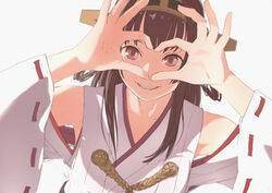  4-fingers_heart_hands brown_eyes brown_hair commentary female headgear heart heart_hands kantai_collection kongou_(kancolle) long_hair looking_at_viewer nontraditional_miko photoshop_(medium) ribbon-trimmed_clothes ribbon-trimmed_sleeves ribbon_trim simple_background smile solo upper_body white_background youmak 