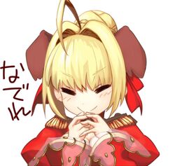  =_= ahoge animal_ears blonde_hair blush bow braid braided_bun closed_eyes commentary_request dh_ead dog_ears dress epaulettes fate/extra fate_(series) female hair_bun hair_intakes hairbow juliet_sleeves kemonomimi_mode long_sleeves nero_claudius_(fate) nero_claudius_(fate/extra) puffy_sleeves red_bow red_dress see-through simple_background single_hair_bun smug solo translated upper_body white_background 