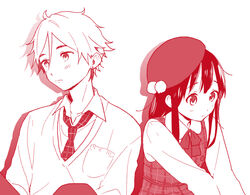  1boy beret commentary_request dress female hat kitashirakawa_tamako long_hair momose_(oqo) monochrome necktie ooji_mochizou short_hair sweater tamako_market 