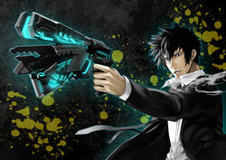  1boy black_hair blazer cigarette closed_mouth collared_shirt commentary_request dominator_(gun) er-mint formal gun hair_between_eyes highres holding holding_gun holding_weapon jacket kougami_shin&#039;ya long_sleeves male_focus messy_hair necktie open_clothes open_collar open_jacket psycho-pass shirt solo spiked_hair suit upper_body weapon white_shirt 