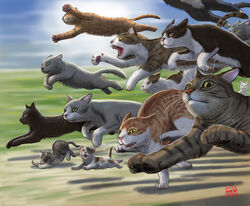  animal_focus blurry blurry_background commentary_request dated day feline jumping kitten matataku monita_(matataku) no_humans original photoshop_(medium) running signature sky surprised_cat_(matataku) too_many too_many_cats 