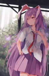  animal_ears bad_id bad_pixiv_id bare_arms collared_shirt commentary_request day female flower half-closed_eyes highres long_hair midriff_peek miniskirt navel necktie pleated_skirt purple_hair purple_skirt rabbit_ears red_eyes red_necktie reisen_udongein_inaba shirt short_sleeves skirt solo standing sweat thkani touhou very_long_hair white_shirt wing_collar 