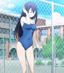  blue_hair closed_eyes clothed_navel competition_school_swimsuit female gokukoku_no_brynhildr highres kuroha_neko long_hair one-piece_swimsuit poolside school_swimsuit screencap sukumizu swimsuit 