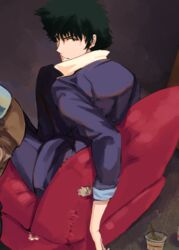  1boy blue_jacket blue_pants closed_mouth commentary_request couch cowboy_bebop green_hair jacket looking_at_viewer looking_back male_focus nissin_cup_noodle ogros pants sitting sleeves_rolled_up solo spike_spiegel 