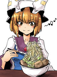  aburaage bad_id bad_pixiv_id beamed_eighth_notes blonde_hair bowl chopsticks eighth_note female food hat highres musical_note noodles short_hair solo spoken_musical_note toluda touhou yakumo_ran yellow_eyes 