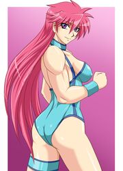  ass back blue_leotard breasts choker cleavage commentary_request female large_breasts leotard long_hair looking_back mighty_yukiko pink_hair purple_eyes solo taroimo_(00120014) wrestle_angels wrestle_angels_survivor wrestling_outfit wristband 